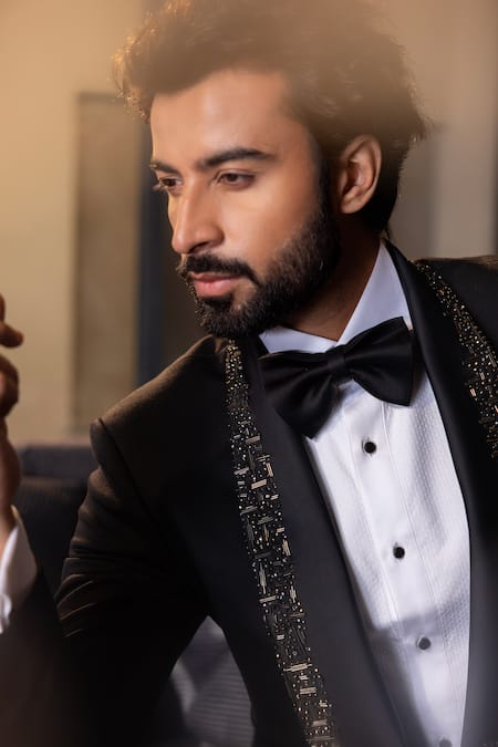 Shop_Amit Arora_Black Lycra Cutdana Placket Embroidered Suit Set 