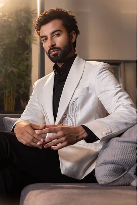 Shop_Amit Arora_Ivory Suit Silk Velvet Embellished Crystal Set _at_Aza_Fashions