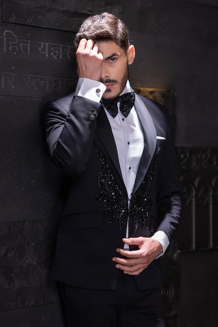 Shop_Amit Arora_Black Poly Knit Embellished Stone Suit Set _at_Aza_Fashions