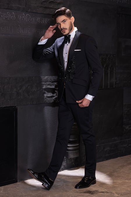 Amit Arora_Black Poly Knit Embellished Stone Suit Set _Online_at_Aza_Fashions