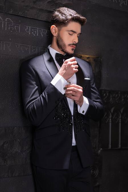 Buy_Amit Arora_Black Poly Knit Embellished Stone Suit Set _Online_at_Aza_Fashions