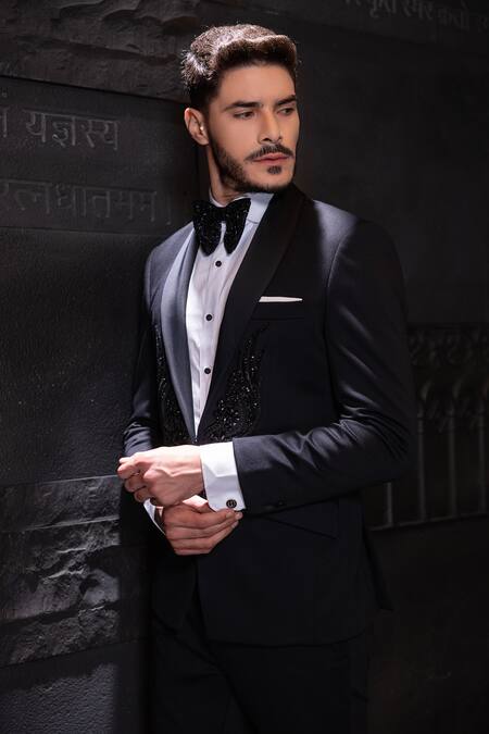 Shop_Amit Arora_Black Poly Knit Embellished Stone Suit Set _Online_at_Aza_Fashions