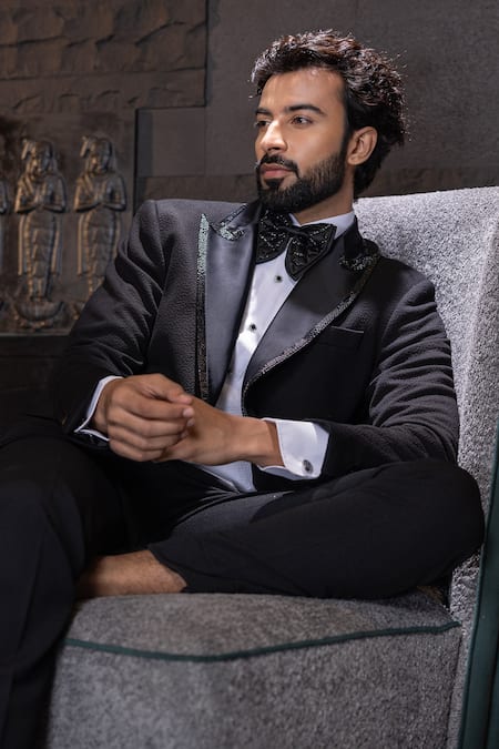 Shop Amit Arora Black Polyester, Wool Cut Work Textured Placket Embroidered Suit Set at Aza Fashions Shop_Amit Arora_Black Polyester, Wool Cut Work Textured Placket Embroidered Suit Set _at_Aza_Fashions