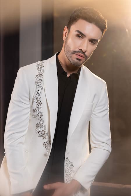 Buy_Amit Arora_Ivory Poly Wool Embellished Stone Floral Suit Set _Online_at_Aza_Fashions