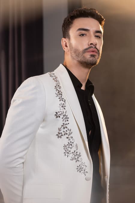 Shop_Amit Arora_Ivory Poly Wool Embellished Stone Floral Suit Set _Online_at_Aza_Fashions