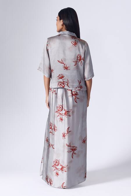 Shop Klad Grey Satin Print Bloom Grid Camp Collar Shirt With Draped Skirt at Aza Fashions Shop_Klad_Grey Satin Print Bloom Grid Camp Collar Shirt With Draped Skirt_at_Aza_Fashions