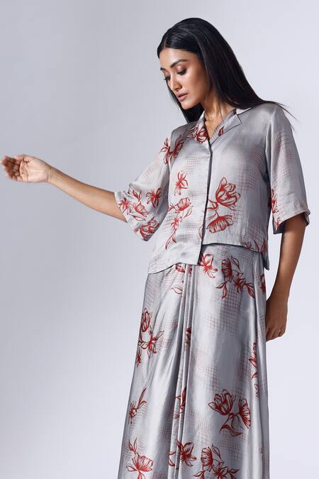 Buy Klad Grey Satin Print Bloom Grid Camp Collar Shirt With Draped Skirt Online at Aza Fashions Buy_Klad_Grey Satin Print Bloom Grid Camp Collar Shirt With Draped Skirt_Online_at_Aza_Fashions