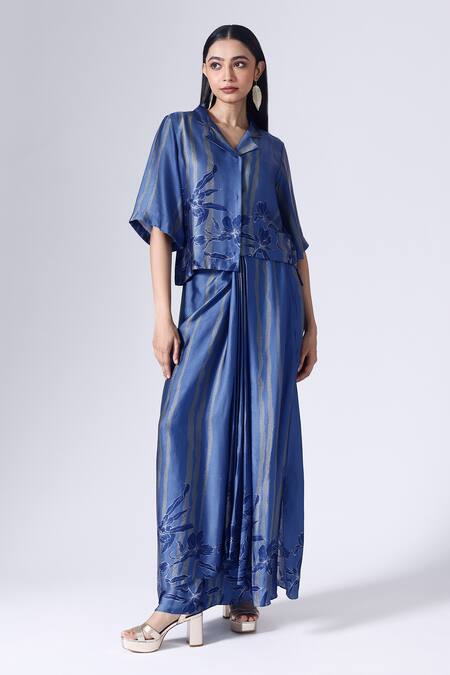 Klad_Blue Satin Print Striped Iris Camp Collar Shirt With Draped Skirt_Online_at_Aza_Fashions