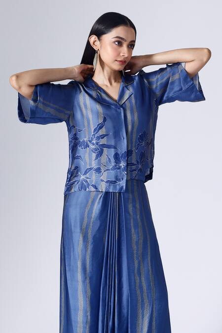 Buy_Klad_Blue Satin Print Striped Iris Camp Collar Shirt With Draped Skirt_Online_at_Aza_Fashions