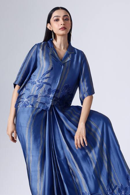 Shop_Klad_Blue Satin Print Striped Iris Camp Collar Shirt With Draped Skirt_Online_at_Aza_Fashions