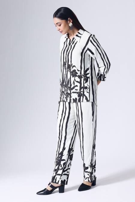 Buy Klad Black Crepe Print Striped Musk Collar Neck Shirt With Pant Online at Aza Fashions Buy_Klad_Black Crepe Print Striped Musk Collar Neck Shirt With Pant_Online_at_Aza_Fashions