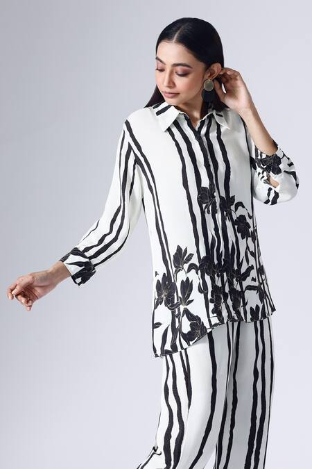 Shop Klad Black Crepe Print Striped Musk Collar Neck Shirt With Pant Online at Aza Fashions Shop_Klad_Black Crepe Print Striped Musk Collar Neck Shirt With Pant_Online_at_Aza_Fashions