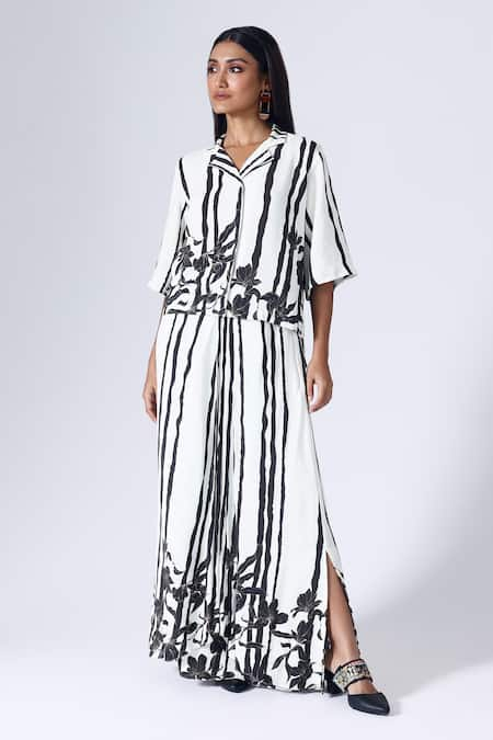 KLAD Black Crepe Print Striped Musk Camp Collar Shirt With Draped Skirt 