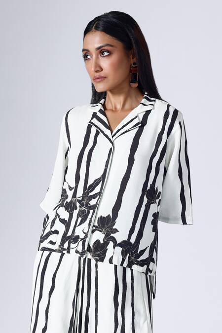Klad Black Crepe Print Striped Musk Camp Collar Shirt With Draped Skirt Online at Aza Fashions Klad_Black Crepe Print Striped Musk Camp Collar Shirt With Draped Skirt_Online_at_Aza_Fashions