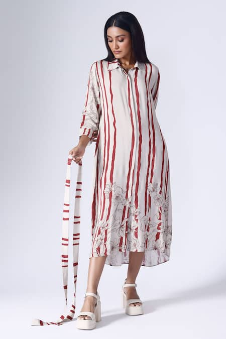 KLAD Striped Fleur Print Shirt Dress With Belt 