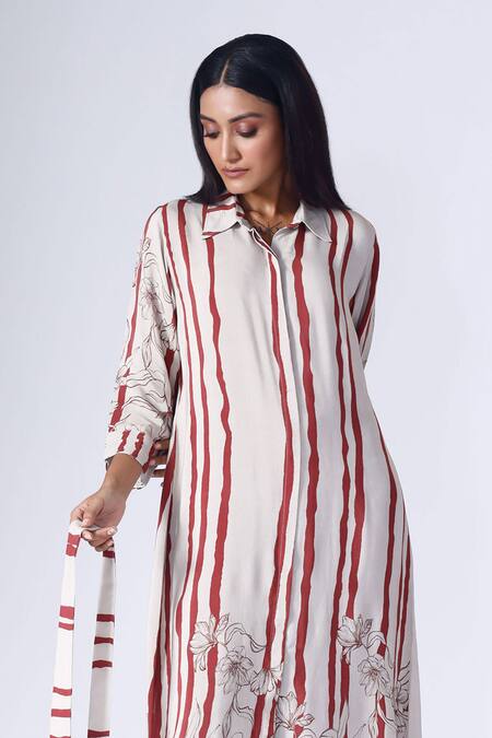 Shop Klad Maroon Crepe Print Striped Fleur Collar Neck Shirt Dress With Belt at Aza Fashions Shop_Klad_Maroon Crepe Print Striped Fleur Collar Neck Shirt Dress With Belt_at_Aza_Fashions