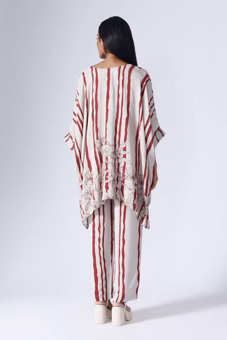 Shop Klad Maroon Crepe Print Striped Fleur V Neck Kaftan With Pant at Aza Fashions Shop_Klad_Maroon Crepe Print Striped Fleur V Neck Kaftan With Pant_at_Aza_Fashions