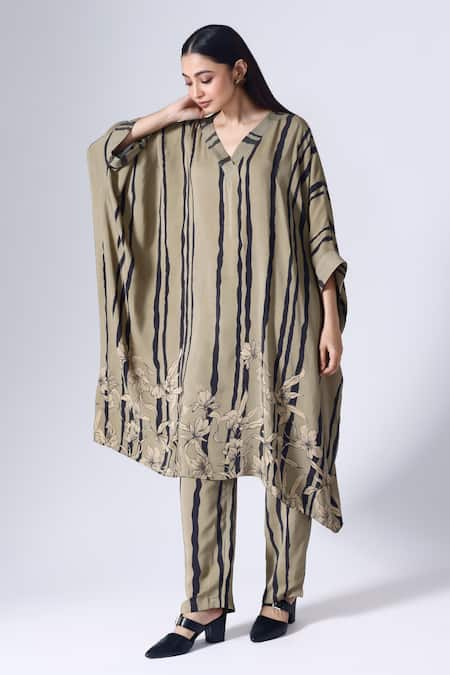 KLAD Green Crepe Print Striped Blossom V Neck Kaftan With Pant 