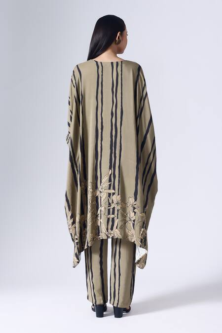 Shop Klad Green Crepe Print Striped Blossom V Neck Kaftan With Pant at Aza Fashions Shop_Klad_Green Crepe Print Striped Blossom V Neck Kaftan With Pant_at_Aza_Fashions