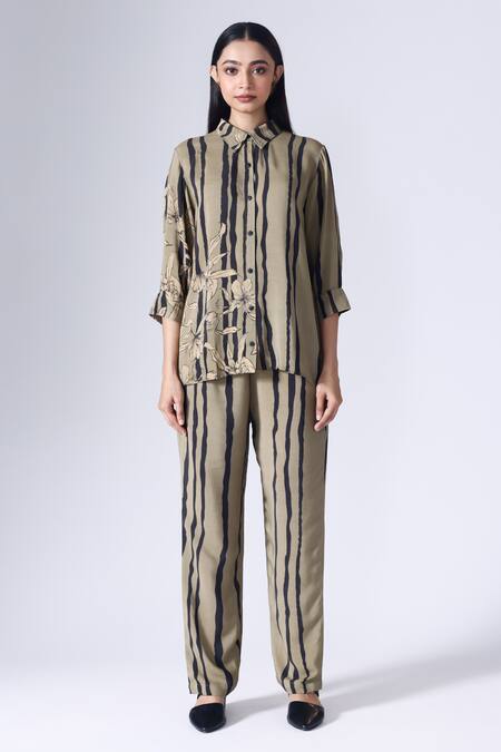 Klad_Green Crepe Print Striped Fiore Collar Neck Flora Shirt_Online_at_Aza_Fashions