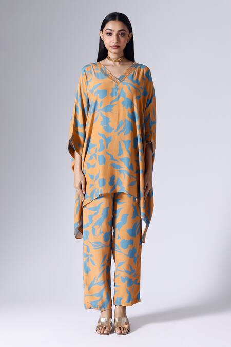 Klad_Orange Crepe Print Fiore V Neck Kaftan With Pant_Online_at_Aza_Fashions