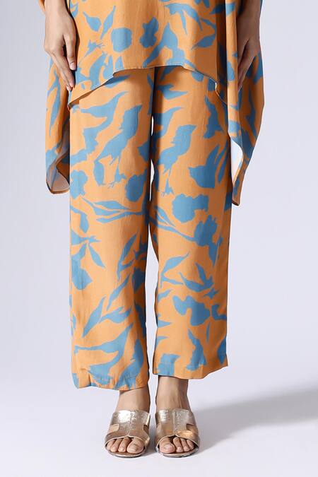 Buy_Klad_Orange Crepe Print Fiore V Neck Kaftan With Pant_Online_at_Aza_Fashions