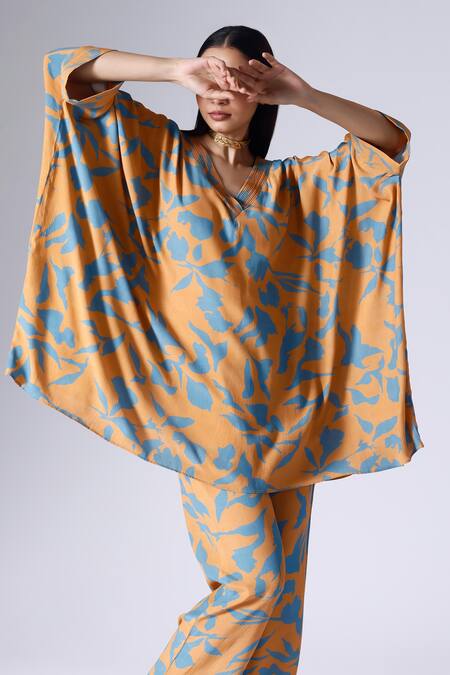 Shop_Klad_Orange Crepe Print Fiore V Neck Kaftan With Pant_Online_at_Aza_Fashions