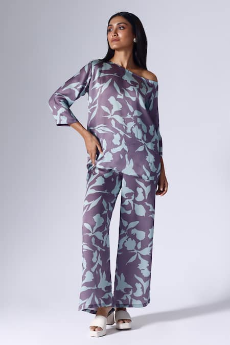 KLAD Purple Satin Printed Foliage Floral Asymmetric Top And Pant Set 