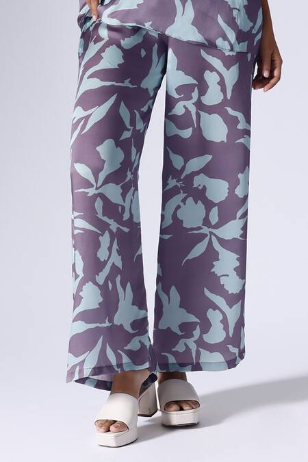 Klad_Purple Satin Printed Foliage Floral Asymmetric Top And Pant Set_Online_at_Aza_Fashions