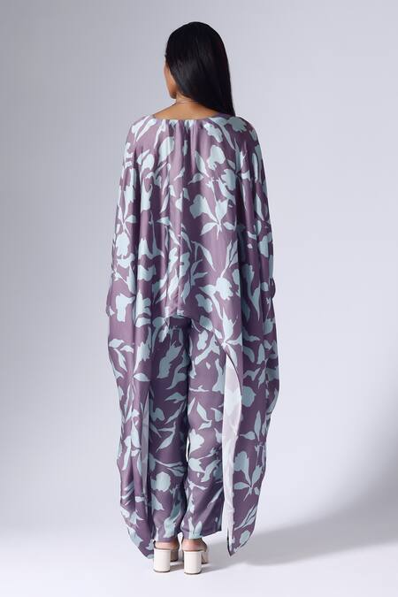 Shop_Klad_Purple Satin Printed Foliage Floral Round Cape Top And Pant Set_at_Aza_Fashions