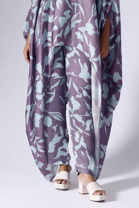 Klad_Purple Satin Printed Foliage Floral Round Cape Top And Pant Set_Online_at_Aza_Fashions