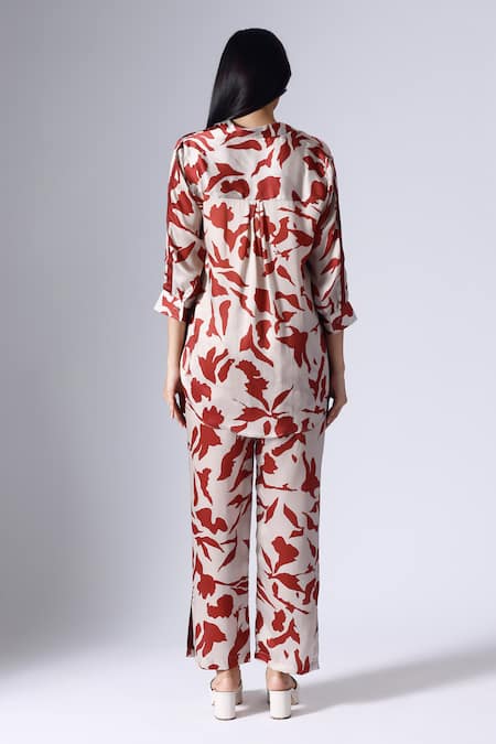 Shop_Klad_Beige Satin Printed Foliage Floral Collar Shirt And Pant Set_at_Aza_Fashions