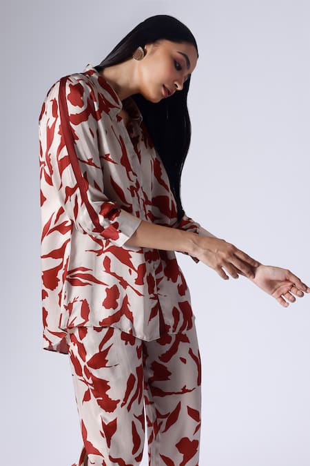 Shop_Klad_Beige Satin Printed Foliage Floral Collar Shirt And Pant Set_Online_at_Aza_Fashions