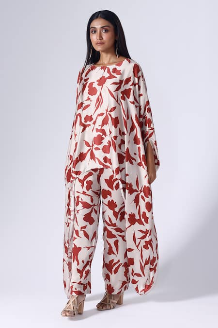 KLAD Beige Satin Printed Foliage Floral Round Poncho Top And Pant Set 