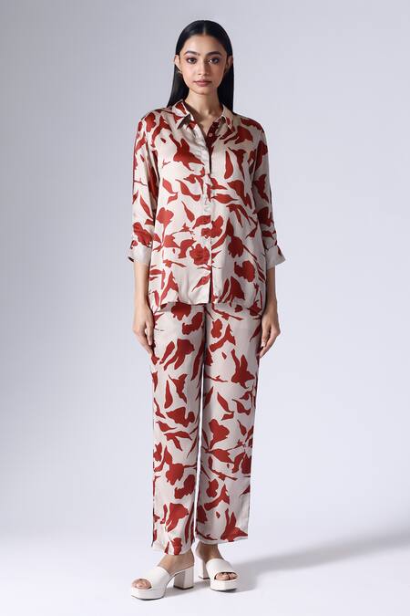 KLAD_Beige Satin Printed Foliage Floral Collar Shirt_Online_at_Aza_Fashions