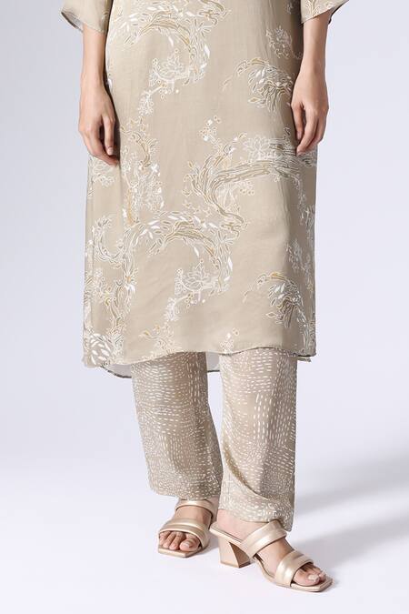 Klad_Beige Satin Mandarin Collar Lotus Print Kurta And Pant Set_Online_at_Aza_Fashions