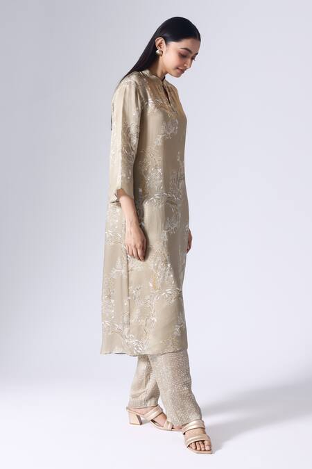 Shop_Klad_Beige Satin Mandarin Collar Lotus Print Kurta And Pant Set_Online_at_Aza_Fashions