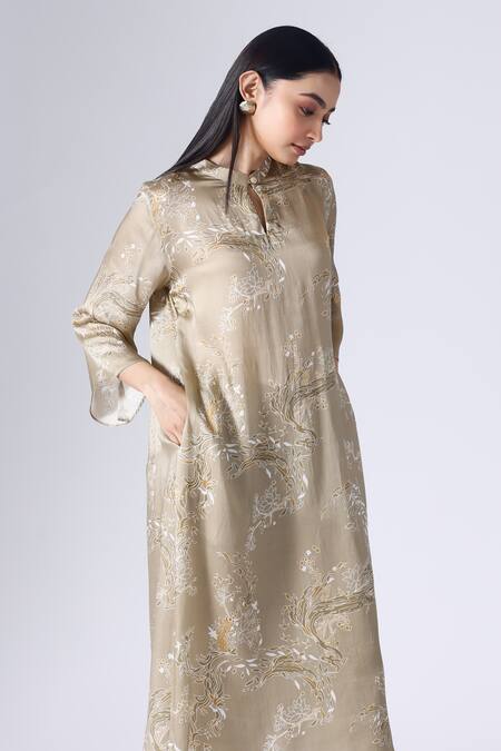 Klad_Beige Satin Mandarin Collar Lotus Print Kurta And Pant Set_at_Aza_Fashions