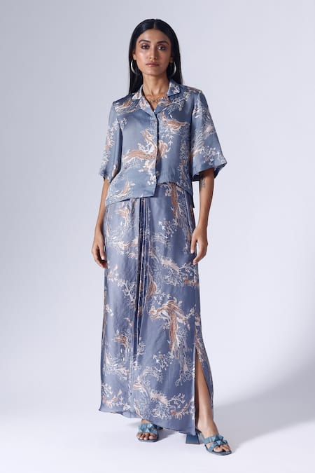 KLAD Blue Satin Printed Lotus Collar Shirt And Skirt Set 