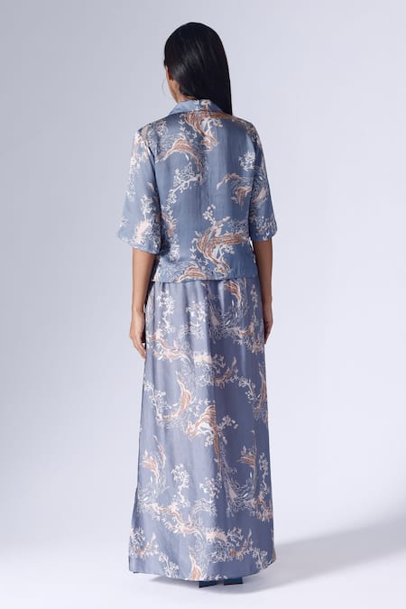 Shop Klad Blue Satin Printed Lotus Collar Shirt And Skirt Set at Aza Fashions Shop_Klad_Blue Satin Printed Lotus Collar Shirt And Skirt Set_at_Aza_Fashions