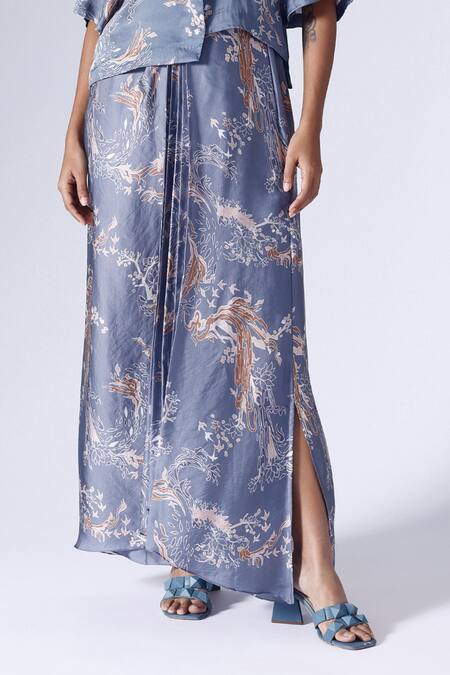 Klad Blue Satin Printed Lotus Collar Shirt And Skirt Set Online at Aza Fashions Klad_Blue Satin Printed Lotus Collar Shirt And Skirt Set_Online_at_Aza_Fashions