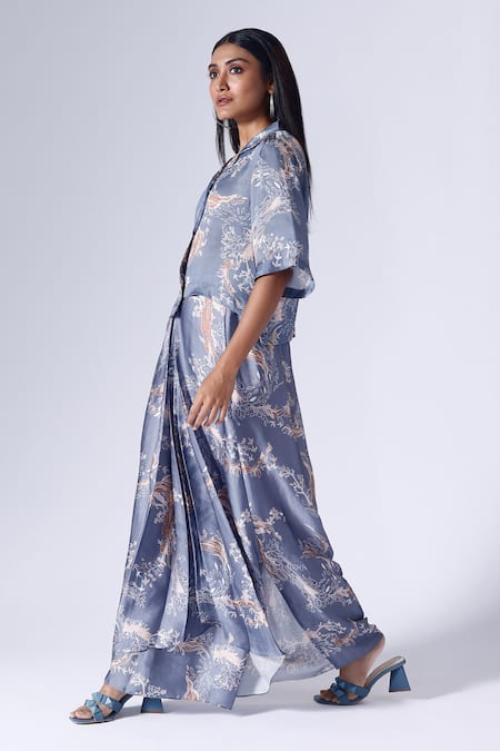 Buy Klad Blue Satin Printed Lotus Collar Shirt And Skirt Set Online at Aza Fashions Buy_Klad_Blue Satin Printed Lotus Collar Shirt And Skirt Set_Online_at_Aza_Fashions