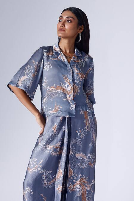 Shop Klad Blue Satin Printed Lotus Collar Shirt And Skirt Set Online at Aza Fashions Shop_Klad_Blue Satin Printed Lotus Collar Shirt And Skirt Set_Online_at_Aza_Fashions