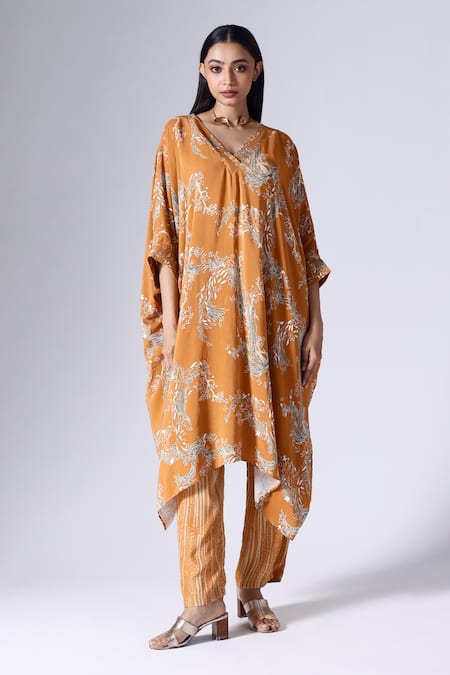 KLAD Orange Crepe Printed Lotus V Neck Kaftan And Pant Set 