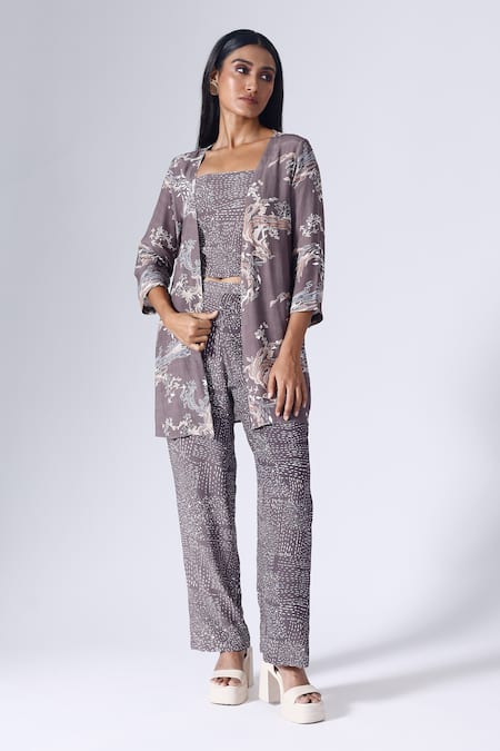 KLAD Purple Crepe Printed Lotus Open Jacket Pant Set 