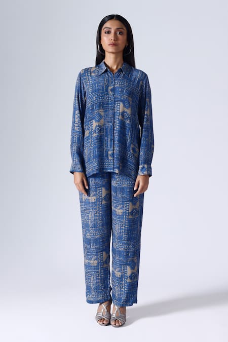 Klad Blue Crepe Printed Moroccan Collar Shirt And Pant Set Online at Aza Fashions Klad_Blue Crepe Printed Moroccan Collar Shirt And Pant Set_Online_at_Aza_Fashions
