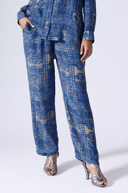 Shop Klad Blue Crepe Printed Moroccan Collar Shirt And Pant Set Online at Aza Fashions Shop_Klad_Blue Crepe Printed Moroccan Collar Shirt And Pant Set_Online_at_Aza_Fashions