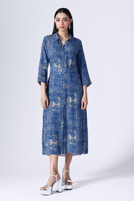 KLAD Blue Crepe Printed Moroccan Collar Shirt Dress 