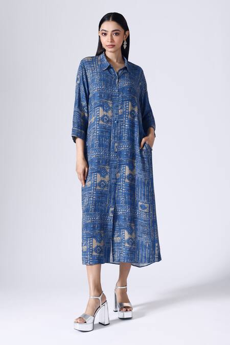 Klad_Blue Crepe Printed Moroccan Collar Shirt Dress_Online_at_Aza_Fashions