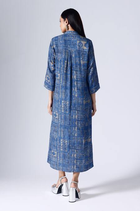 Shop_Klad_Blue Crepe Printed Moroccan Collar Shirt Dress_at_Aza_Fashions